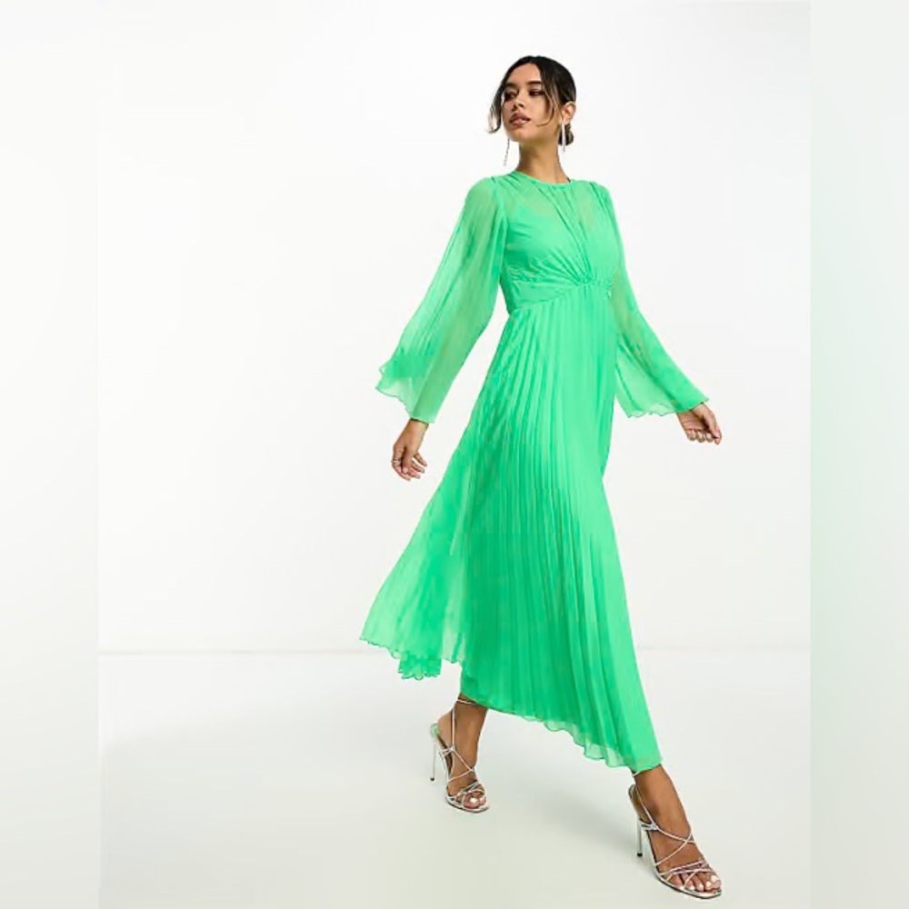 ASOS DESIGN Electric Neon Green Pleated Midi Dress Fluted Sleeve Size 12 US